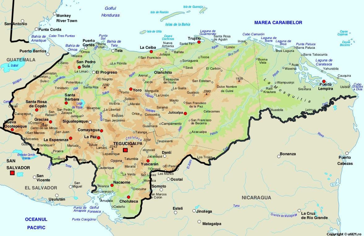karta Hondurasa i susjednih zemalja