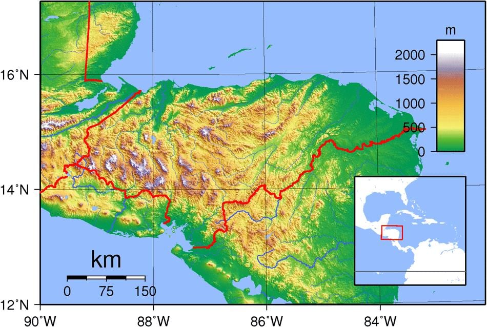karta Hondurasa topografski